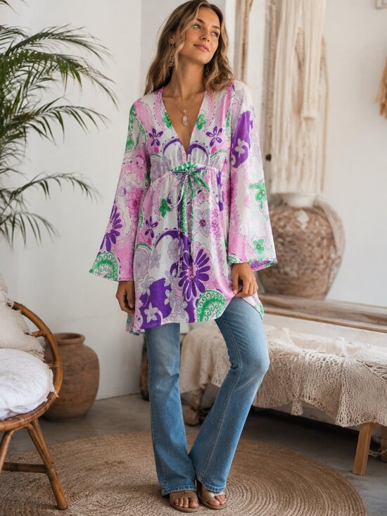 Love, Calliope Tops - Made in India Purple Floral Bohemian Style Tunic Top in Size Small NWT NEW BOHO